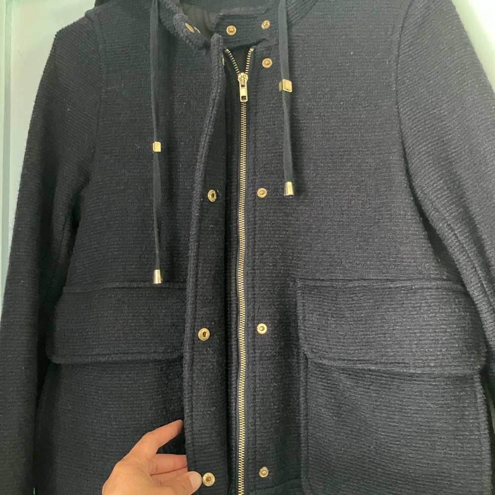 Zara Basic Navy Textured Hooded Coat with Gold-Tone Accents - Picture 6 of 7